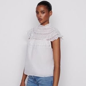 Frame white blouse chic lace placket cap sleeve chic designer Size L womens